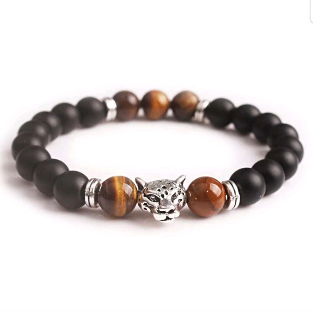 TIGER EYE & BLACK STONE BEADED BRACELET LEOPARD
